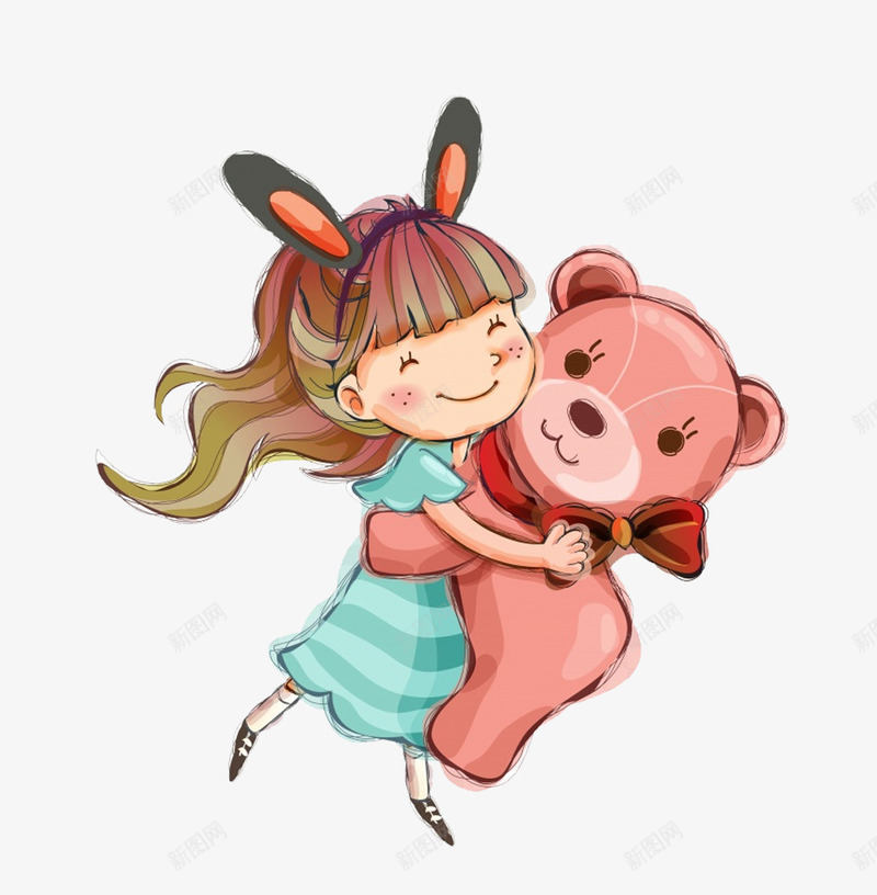抱小熊的女孩png免抠素材_新图网 https://ixintu.com 一个 卡通 可爱 小熊 手绘 棕色的 简图 长发
