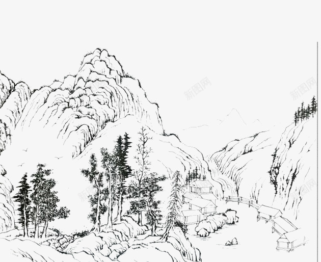 黑色线条山水画png免抠素材_新图网 https://ixintu.com 山水画 山水画壁纸 山水简笔画 手绘图 爱国壁纸 简笔山水画 简笔画