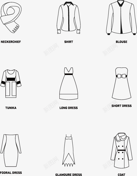 女性服装图标png_新图网 https://ixintu.com 围巾 外套 女性 整齐的衬衫 时尚 时尚图标 服装 服装图标 衣服 衬衫 连衣裙