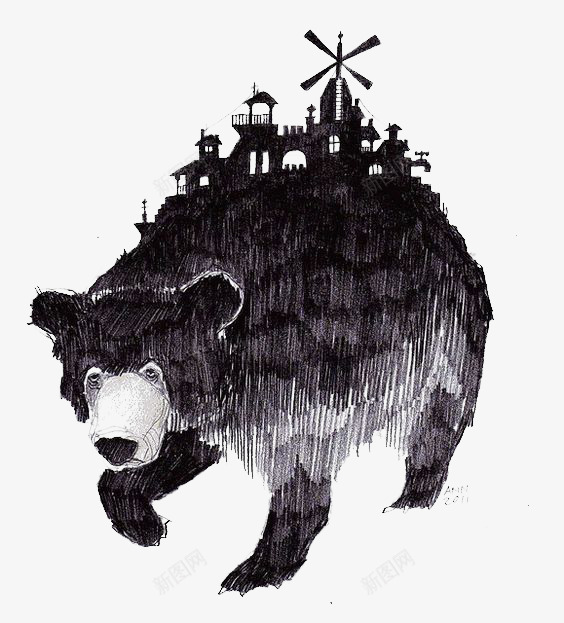 黑熊png免抠素材_新图网 https://ixintu.com 创意黑熊 卡通黑熊 小熊 建筑 手绘黑熊 风车