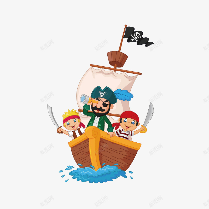 海盗和海盗船手绘图png免抠素材_新图网 https://ixintu.com 人物 卡通 可爱的 大海 海水 海盗 海盗船 航行