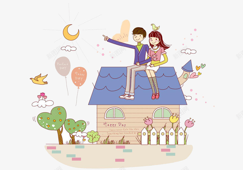 屋顶上的情侣png免抠素材_新图网 https://ixintu.com 卡通 恩爱 情侣 房顶