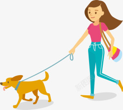 开心的遛狗少女牵着狗狗高清图片