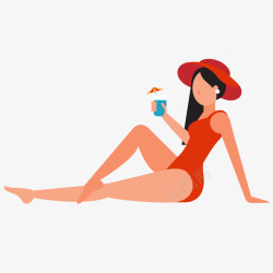 泳装女子抬腿坐着喝饮料的红色泳装女子矢量图高清图片