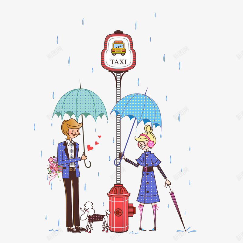 雨天站牌下等车的情侣png免抠素材_新图网 https://ixintu.com 小狗 情侣 手拿花束的男子 插图 撑伞的女孩 等车的人