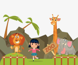 动物乐园里的大象狮子长颈鹿女孩素材