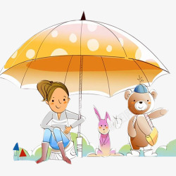 撑伞的小兔小女孩和小熊一起撑伞高清图片