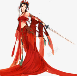 红衣性感长剑女子素材