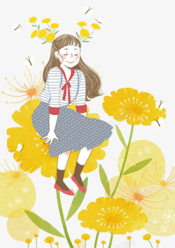坐在树叶上的小女孩一个坐在花上的小女孩高清图片