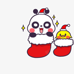 圣诞袜里的熊猫与小鸡素材