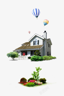 红蓝绿热气球欧式小木屋高清图片