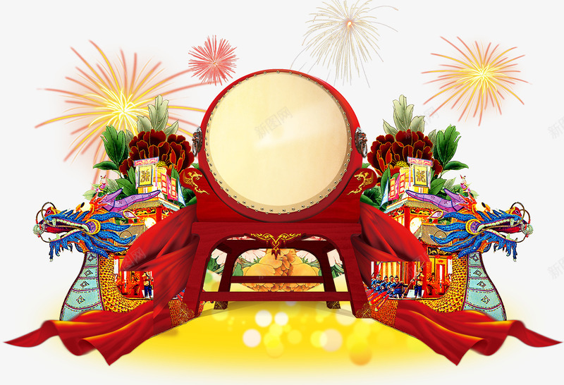 龙舟海报psd免抠素材_新图网 https://ixintu.com png图片素材 免费png素材 大鼓 烟花 龙船