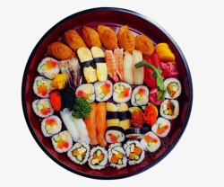 虾寿司盘子里的美食寿司拼盘高清图片