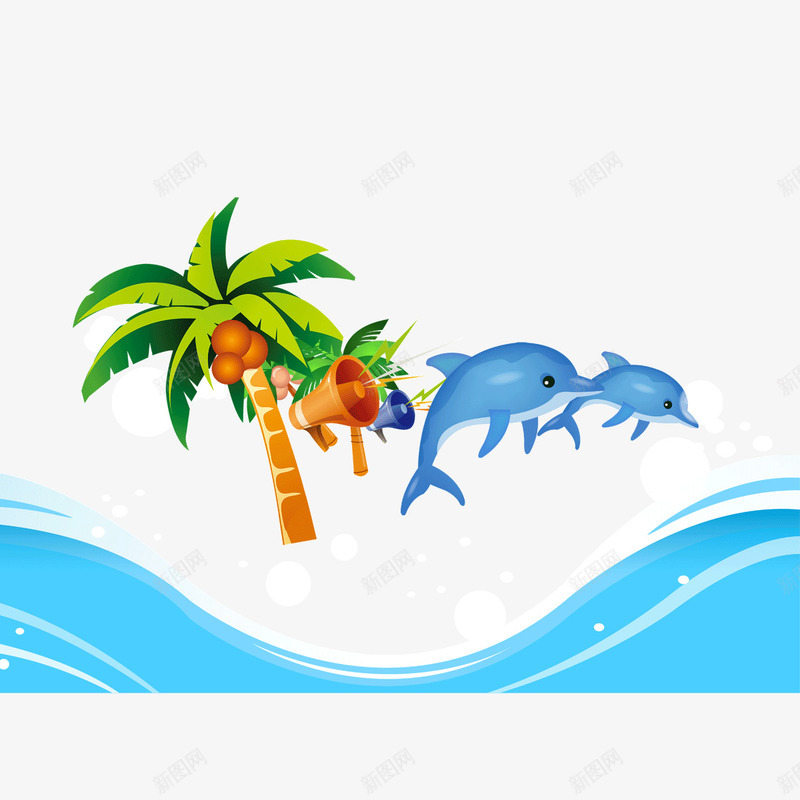 背景装饰图案蓝色海水海豚psd免抠素材_新图网 https://ixintu.com 椰子树 海豚 背景装饰图案 蓝色海水