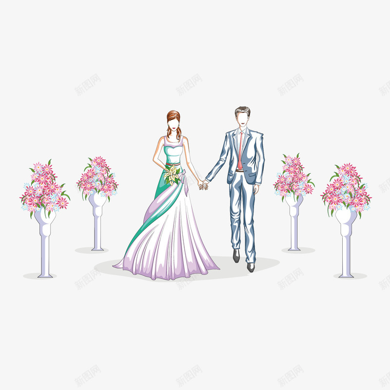 卡通情侣婚纱png免抠素材_新图网 https://ixintu.com 卡通人物 卡通情侣 婚礼花柱 婚纱 花柱