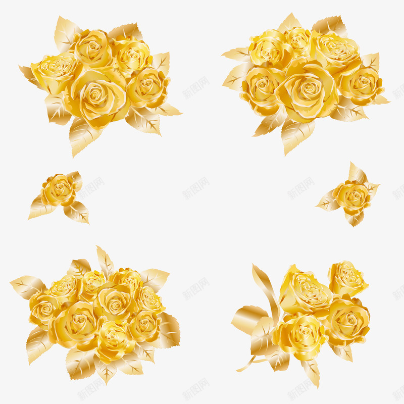 金色的玫瑰花束png免抠素材_新图网 https://ixintu.com 玫瑰花矢量 花朵矢量 花朵装饰 金色花朵 镀金
