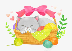 蝴蝶结球一只睡在篮子里的猫咪高清图片