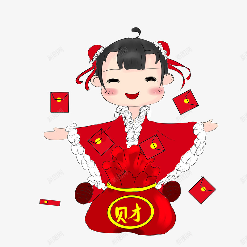 小女孩福红包png免抠素材_新图网 https://ixintu.com 发财童子 小女孩 散财童子 福字 红包