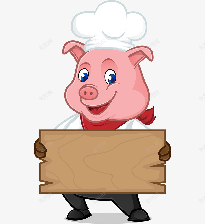 卡通手绘厨师与木板png免抠素材_新图网 https://ixintu.com 创意 动漫动画 卡通厨师 可爱的猪 手绘 木板