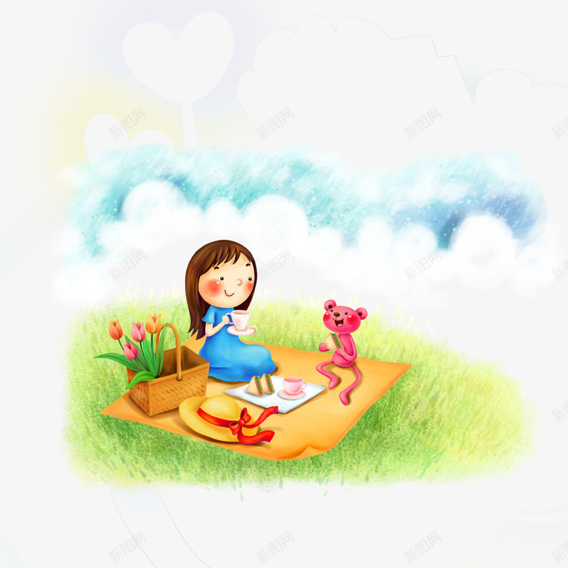 坐在草地上的女孩psd免抠素材_新图网 https://ixintu.com 儿童节素材 卡通元素 女孩 小熊 草地