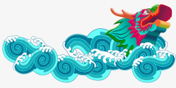 蓝色中国风海浪龙舟装饰图案素材