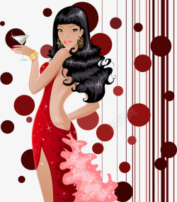 露背礼服喝红酒穿礼服的性感美女插画矢量图高清图片