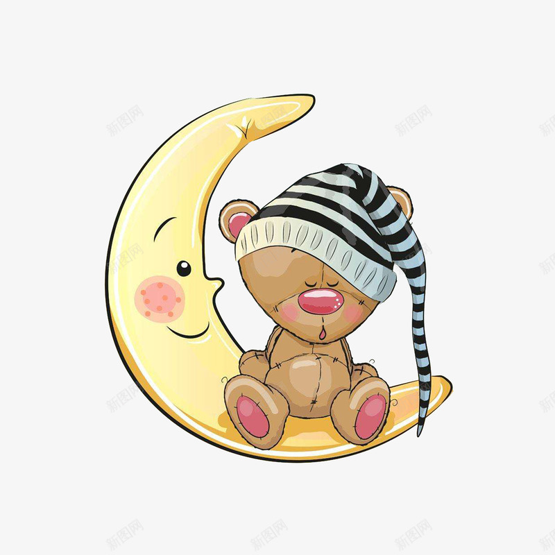沉睡的玩具熊png免抠素材_新图网 https://ixintu.com 卡通 戴着睡帽的小熊 月亮 沉睡 沉睡的玩具熊