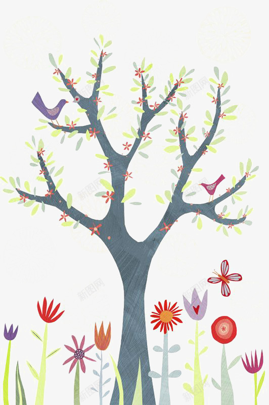 卡通小树png免抠素材_新图网 https://ixintu.com 大树 小树 小树插画 小鸟 手绘小树 枝条