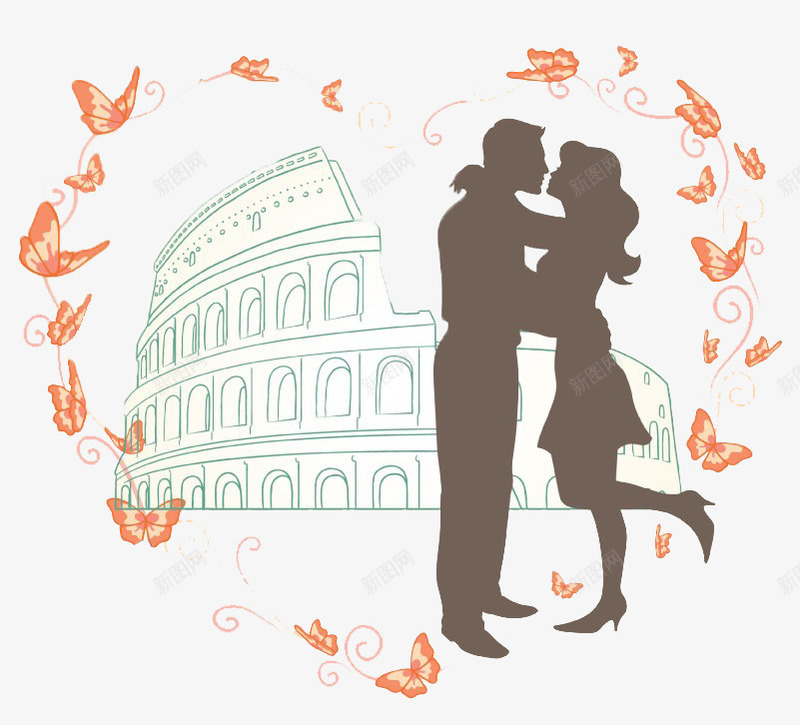 爱在罗马png免抠素材_新图网 https://ixintu.com 人物剪影 情侣 拥抱的情侣 罗马建筑 蝴蝶边框