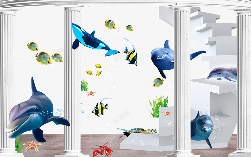 3D壁画png免抠素材_新图网 https://ixintu.com 3D 3D壁画 墙 海底世界 电视墙背景 花纹