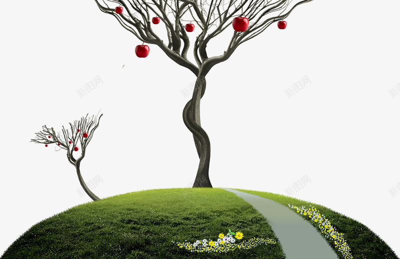 草地上的果树png免抠素材_新图网 https://ixintu.com 小树 果树 红苹果 花朵 花草 苹果