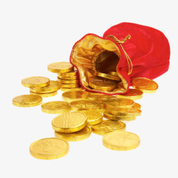 倒出的一个红色布袋里倒出的金币高清图片