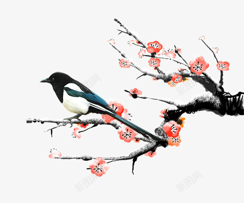 水墨花鸟png免抠素材_新图网 https://ixintu.com 喜鹊 桃花 水墨花鸟