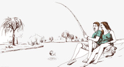 河边的情侣图片手绘钓鱼的情侣高清图片