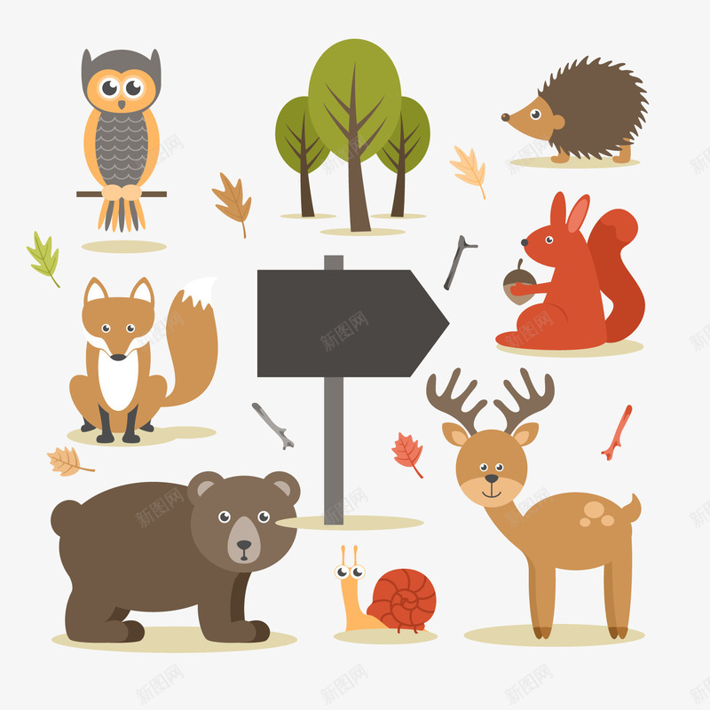 卡通森林中的动物png免抠素材_新图网 https://ixintu.com 动物元素 卡通 卡通素材 小鹿 树木 熊 狐狸