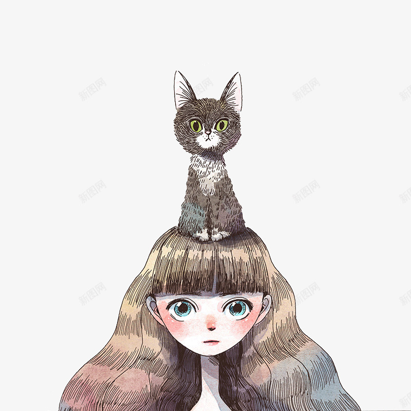 女孩和猫png免抠素材_新图网 https://ixintu.com 女孩 少女 手绘 插画 猫