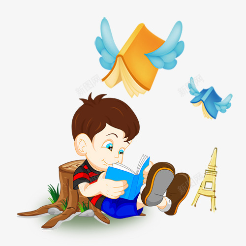 靠在木桩上的看书的小男孩psd免抠素材_新图网 https://ixintu.com 会飞的书 卡通 埃菲尔铁塔 小男孩 手绘 教育 木桩 读书