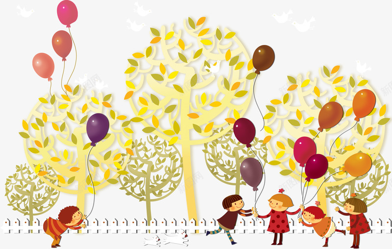 玩气球的卡通儿童png免抠素材_新图网 https://ixintu.com 人物 儿童 卡通人物 卡通儿童 小树 气球