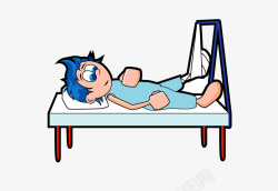 腿部受伤躺在床上的卡通男孩素材