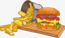 手绘炸薯条木板上的快餐套餐高清图片