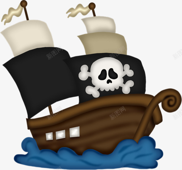 卡通海盗船png免抠素材_新图网 https://ixintu.com 卡通 海浪 船帆 骷髅