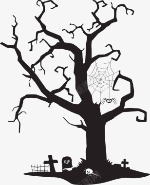 手绘黑色枯树上的蜘蛛网图标图标