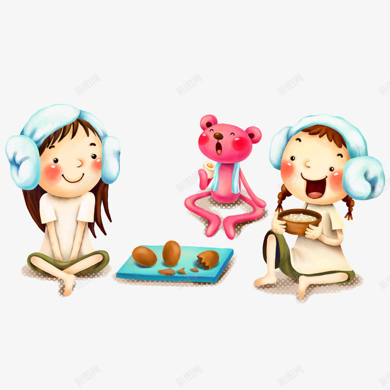 在澡堂喝下午茶的女生和小熊psd免抠素材_新图网 https://ixintu.com 头巾 女生 泡澡 澡堂
