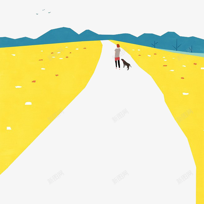 手绘散步的女孩与狗png免抠素材_新图网 https://ixintu.com 小路 手绘素材 散步的女孩 黄色