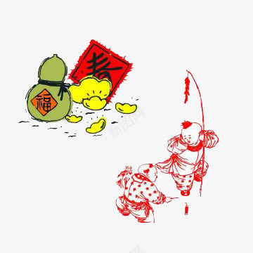 传统手绘片png免抠素材_新图网 https://ixintu.com 传统小孩样式 手绘 红色线条 酒葫芦 金元宝