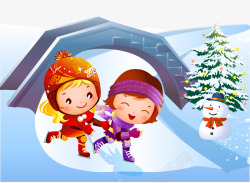 小孩子寒假滑雪卡通插画素材