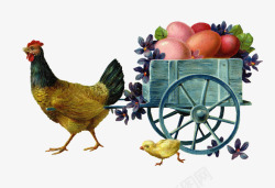 小鸡和一车水果素材