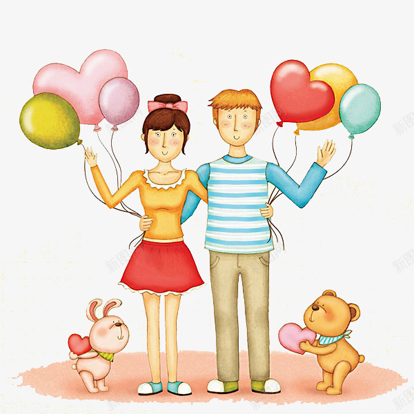卡通拿着气球的男女png免抠素材_新图网 https://ixintu.com 兔子 卡通 小熊 彩色气球装饰 拿着 气球的男女 相爱的两个人