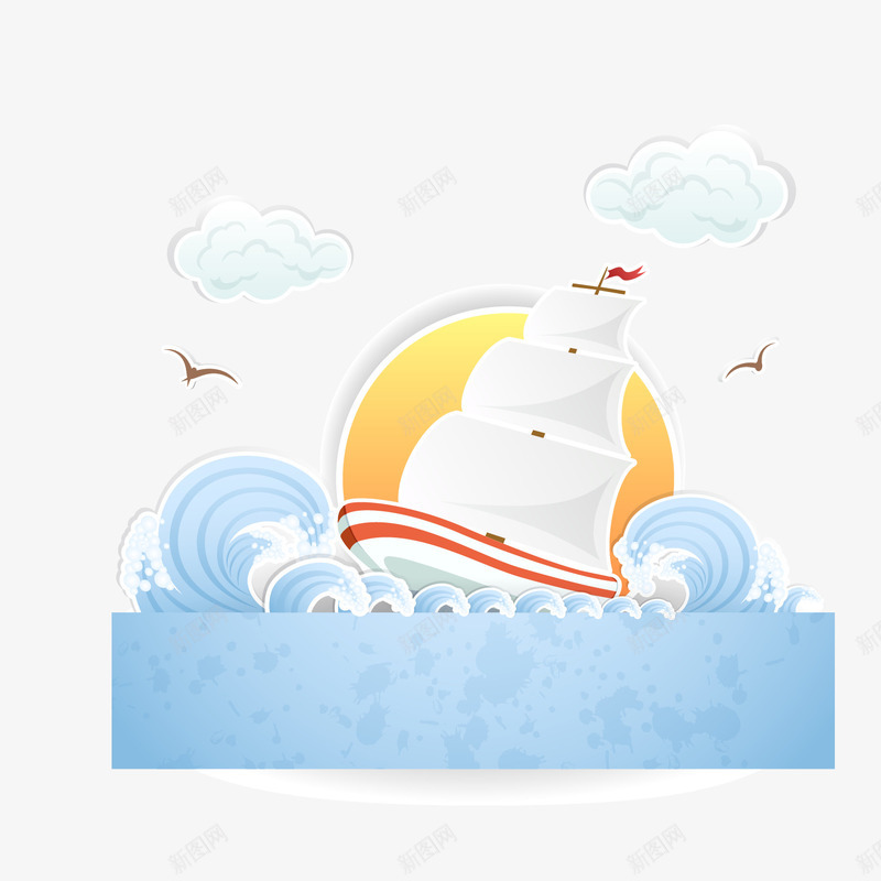 海浪上的船矢量图eps免抠素材_新图网 https://ixintu.com 太阳 海浪 素材 船 矢量图