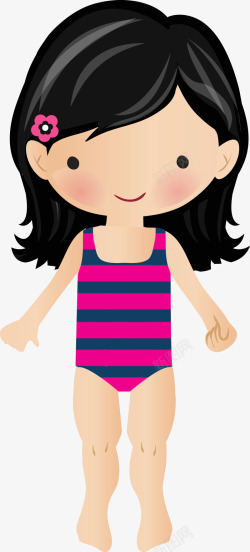 旅游游泳戏水女孩手绘卡通穿条纹泳衣小女孩高清图片